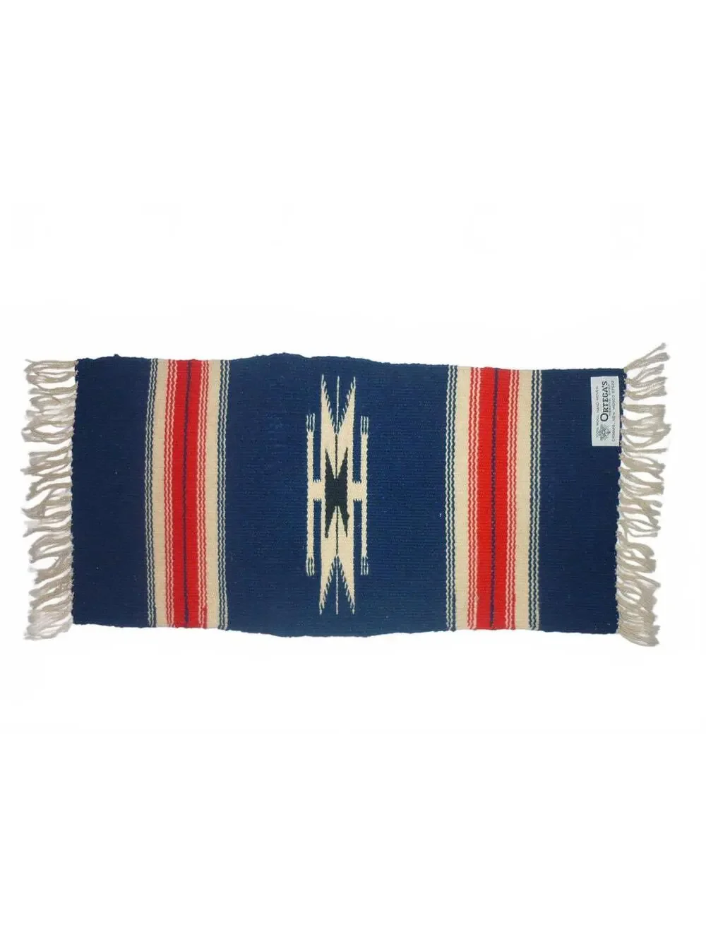 Ortega's Chimayo Native Handwoven Blue and‎ Red Runner Small Rug Tagged